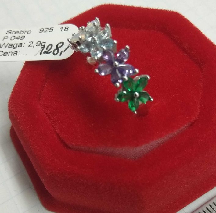 Pierścionek kwiatki z kolorowymi kamieniami 925 Nowe r.18