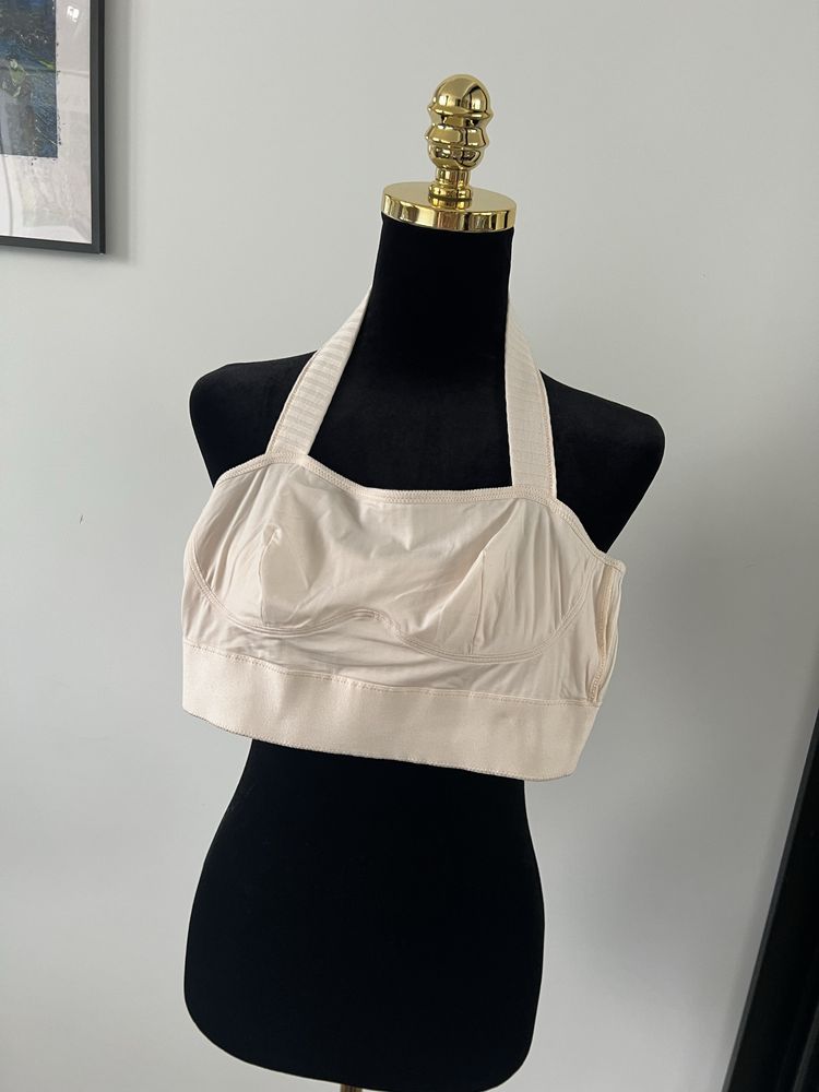 Beżowa, kremowa, krótka bluzka, crop top, biustonosz, stanik, Etam, S