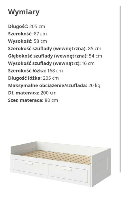 Łóżko/ leżanka IKEA BRIMNES- 2 szuflady , 1 materac. 80x200