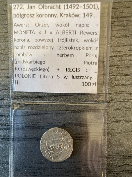 Polskie monety Jan Olbracht półgrosz