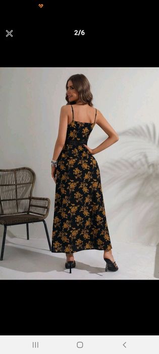 Czarna sukienka długa na ramiączkach w kwiaty ażurowa maxi