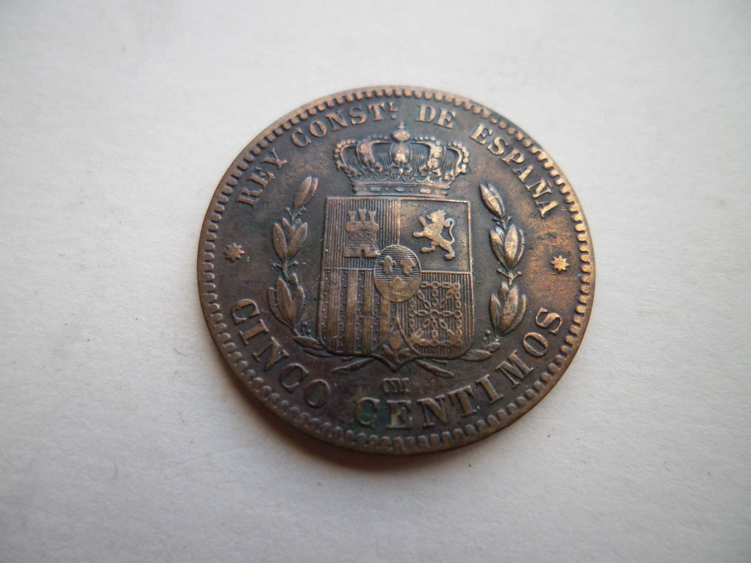 Moeda 5 Centimos , Espanha, Ano  1879,  Alfonso XII