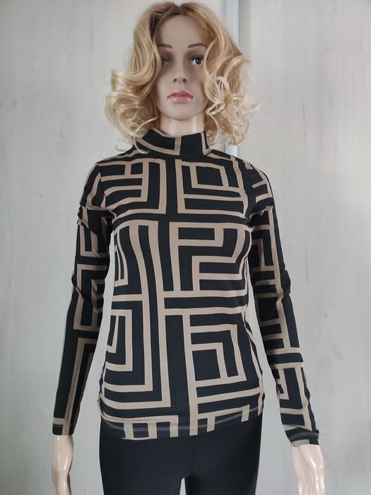 Bluzka damska , wzór labirynt, czarny z karmelowym , roz xs , nowa ,