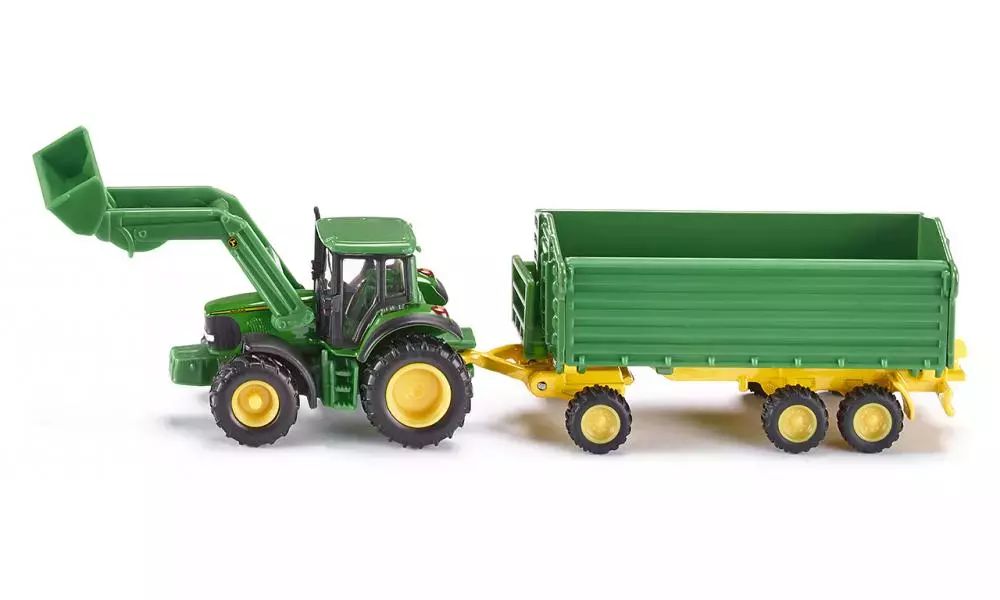 Traktor John Deere z przyczepą i ładowarką. Siku