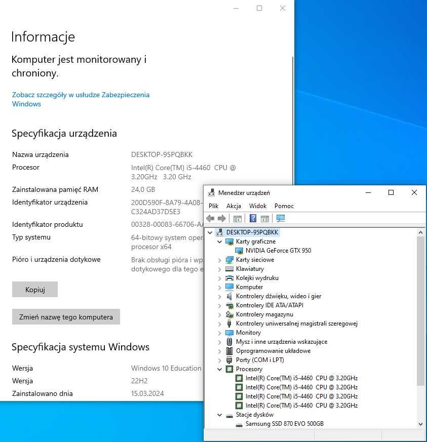 Zestaw komputerowy i5-4460(4x3,20GHz),GTX 950,24GB RAM, SSD 500 GB