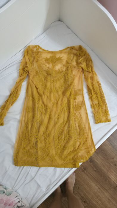 Żółta haftowana sukienka H&M koronkowa letnia sukienka Boho etno