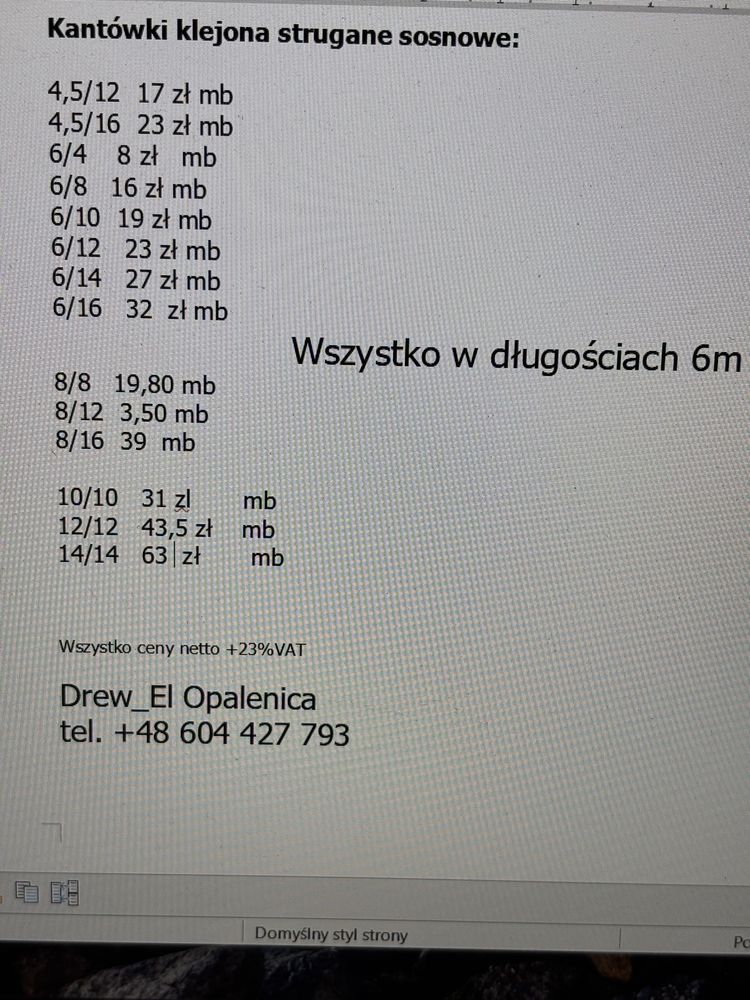 kantówka strugana 10/10,12/12, 14/14 inne