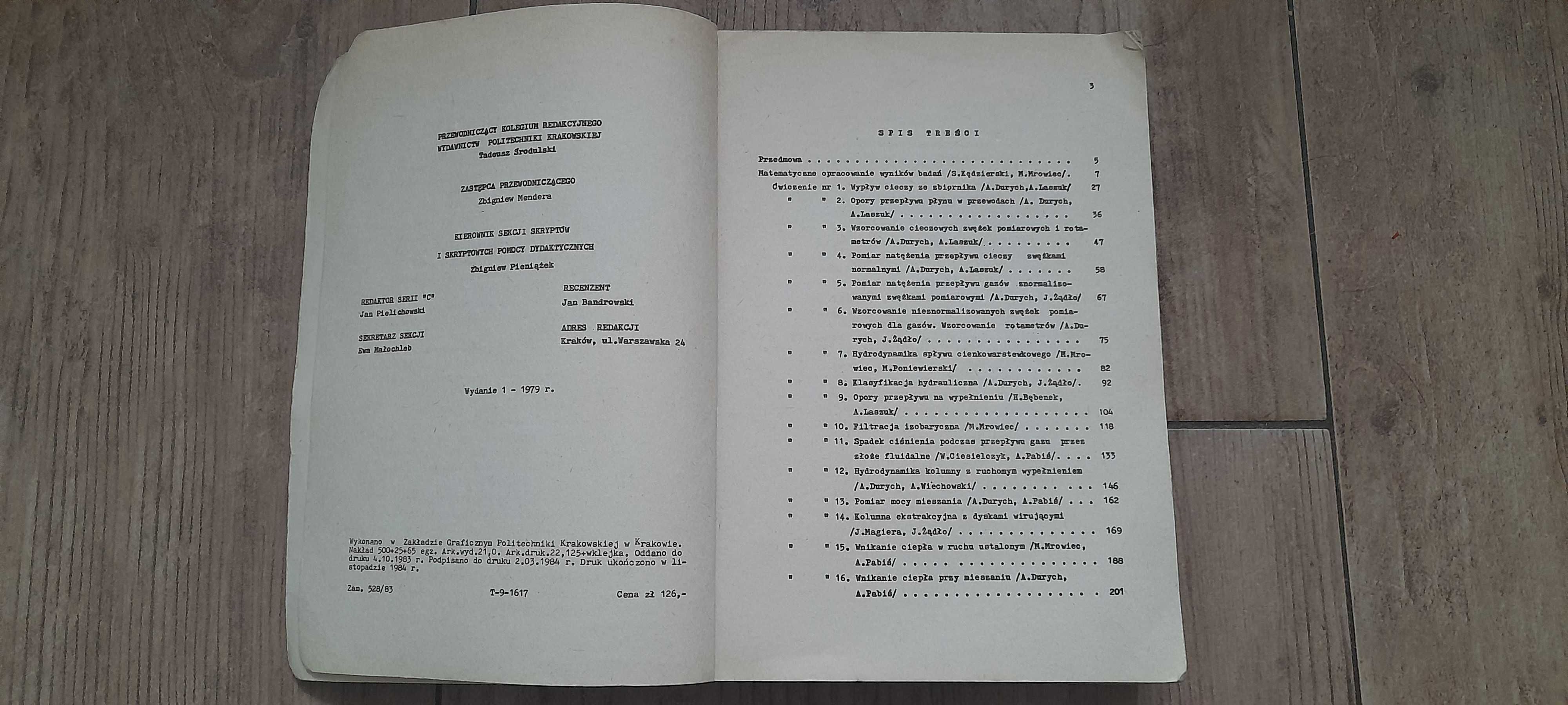 "Ćwiczenia Laboratoryjne z Inżynierii Chemicznej" - PK, Kraków 1984