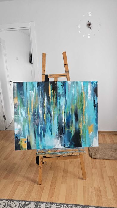 Картина 100/80 масло холст абстракция интерьерная бирюза вода лофт