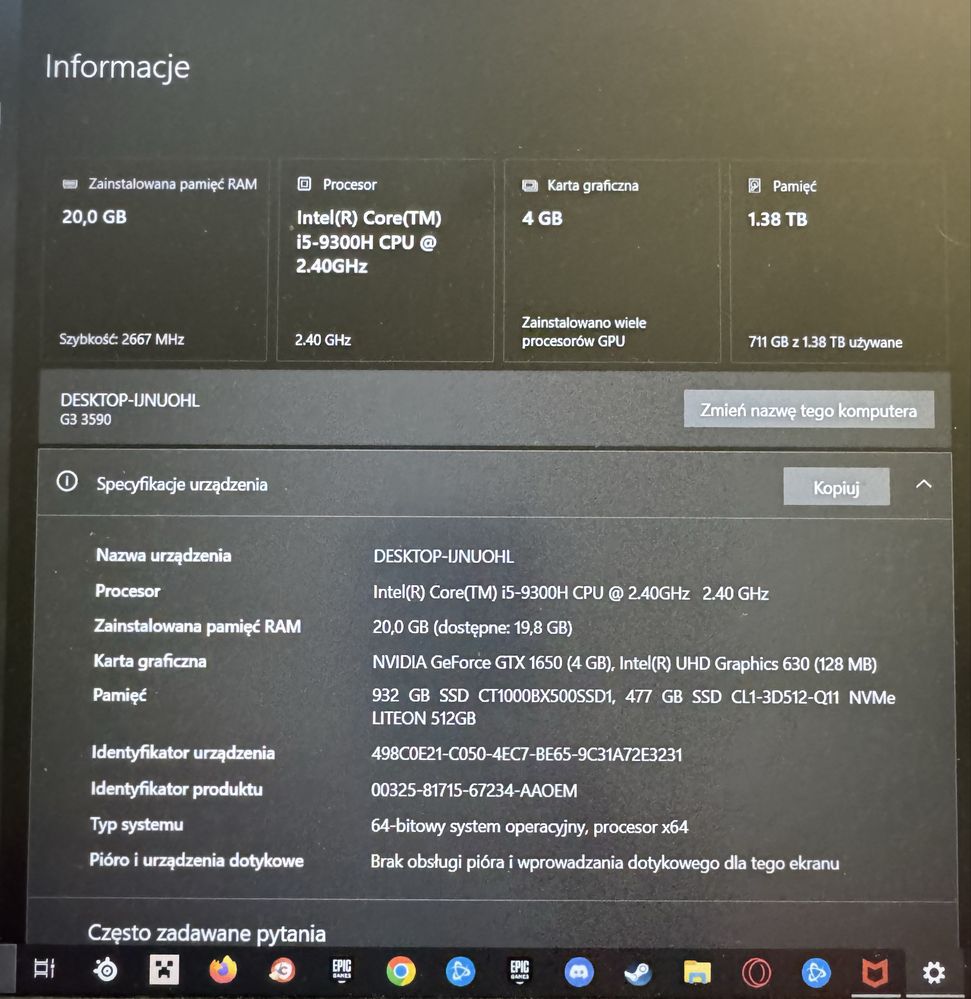 Dell G3 3590 i5 , 20 gb ram , 1,5 TB. Super stan