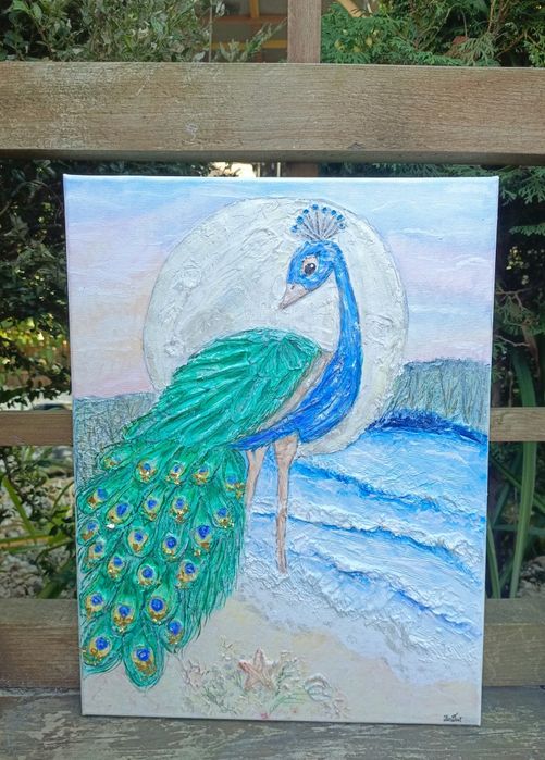 Obraz strukturalny rękodzieło akryle malowany paw