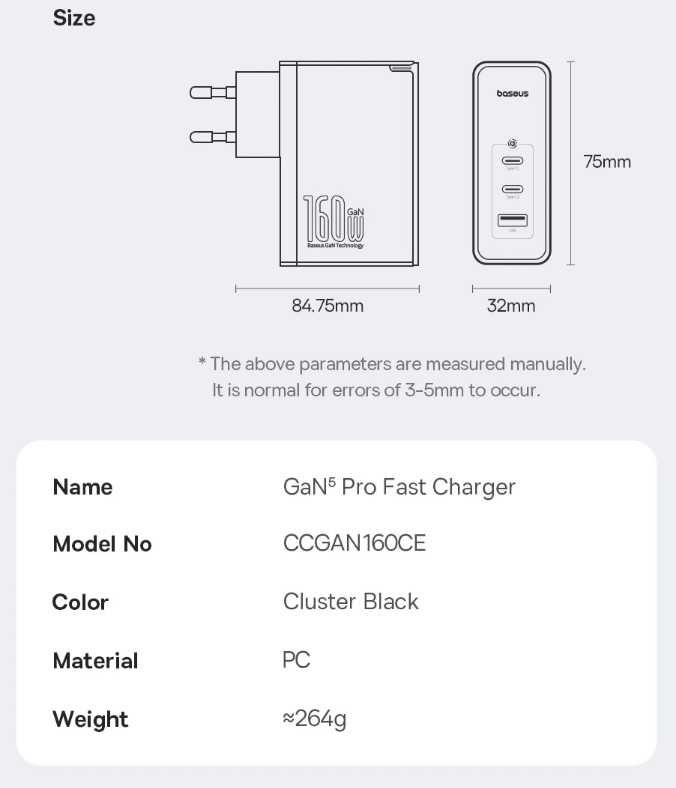 Зарядне Baseus GaN5 Pro 160W CCGAN160CE + cable Black