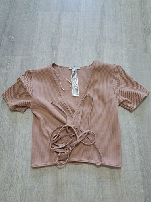 prązkowana koszulka damska bezowa XS zara
