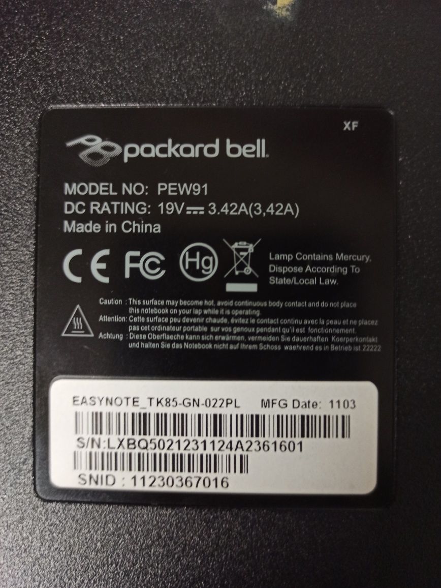 Laptop Packard Bell pev91 I3 4 GB ram ssd512