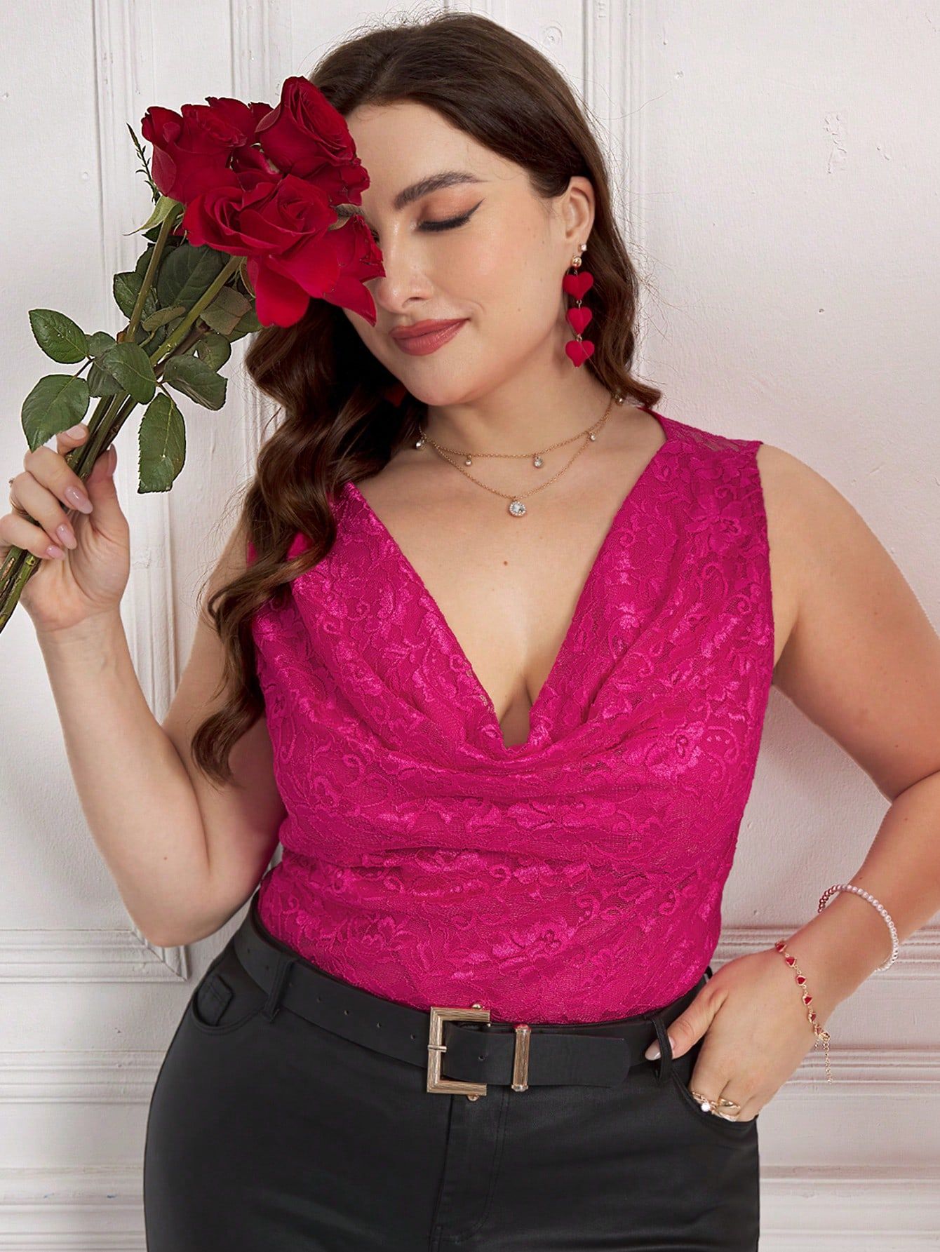 Bluzka Koronkowa Sexy Z Lejącym Dekoltem Różowa Casual Shein 5Xl 50