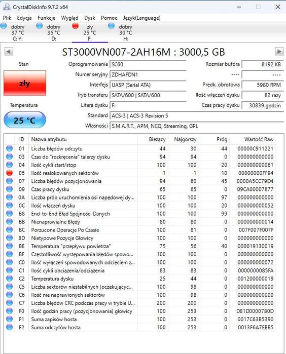 Dysk HDD Seagate IronWolf 3TB 3.5'' SATA III (ST3000VN007) USZKODZONY