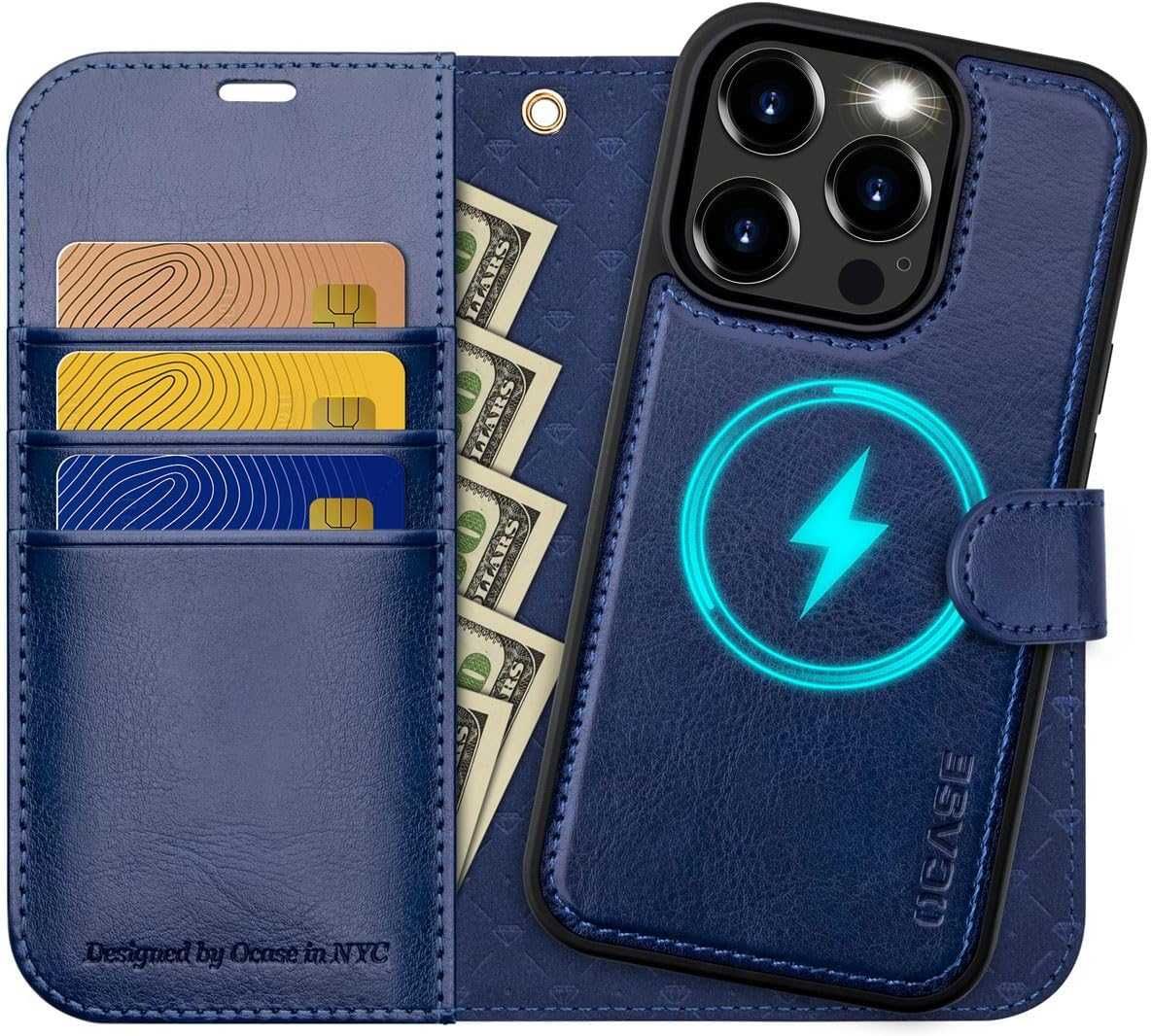 Ocase etui skórzane iPhone 15 Pro stojak magsafe granatowe portfel 2w1