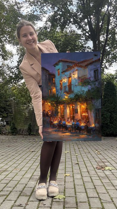 Obraz na płótnie z krajobrazem śródziemnomorskim tawerna nocą 50x75