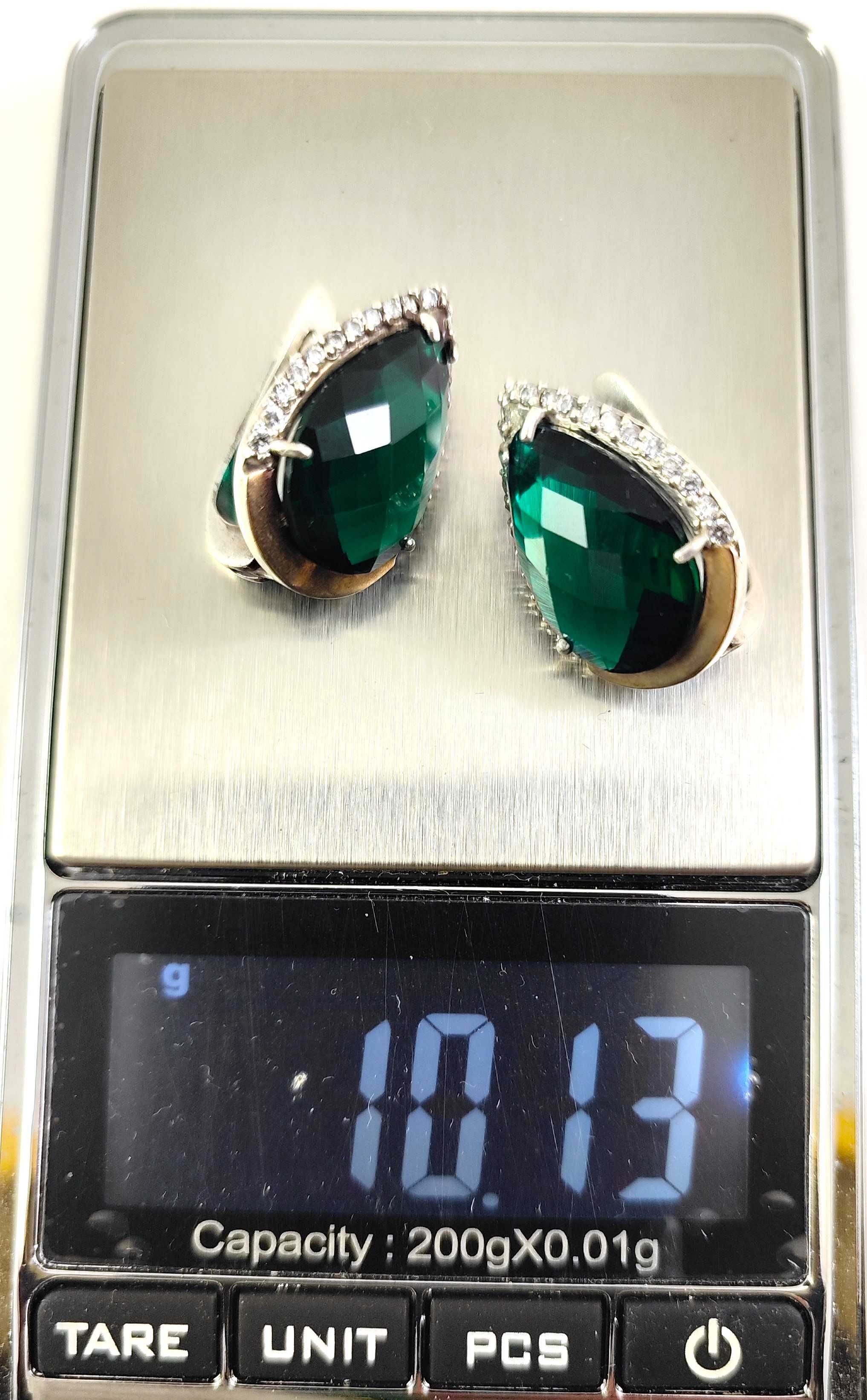 Крупные Серьги серебро 925 пробы золото 375 пробы Темно-Зеленый камень