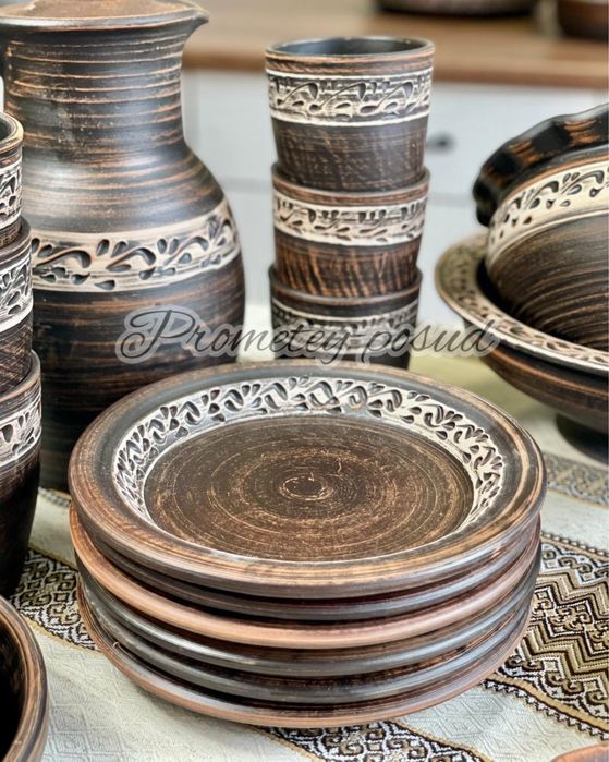 Набір глиняного посуду «Ангоб»,»Мак»,»Візерунок» на 4,6,8,12 осіб