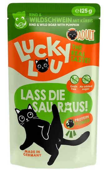 Karma dla kota bez zbóż, cukru i GMO - Lucky Lou WOŁOWINA i DZIK 125g