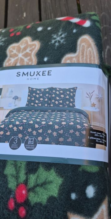 Smukee pościel polarowa zielona wzor święta zima ciepła 220x200