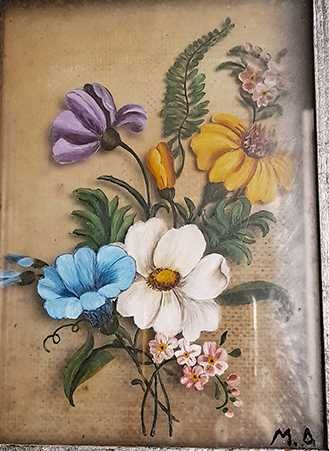 Quadro Antigo Pintura Flores em Vidro sobreposto Vintage pintado à mão