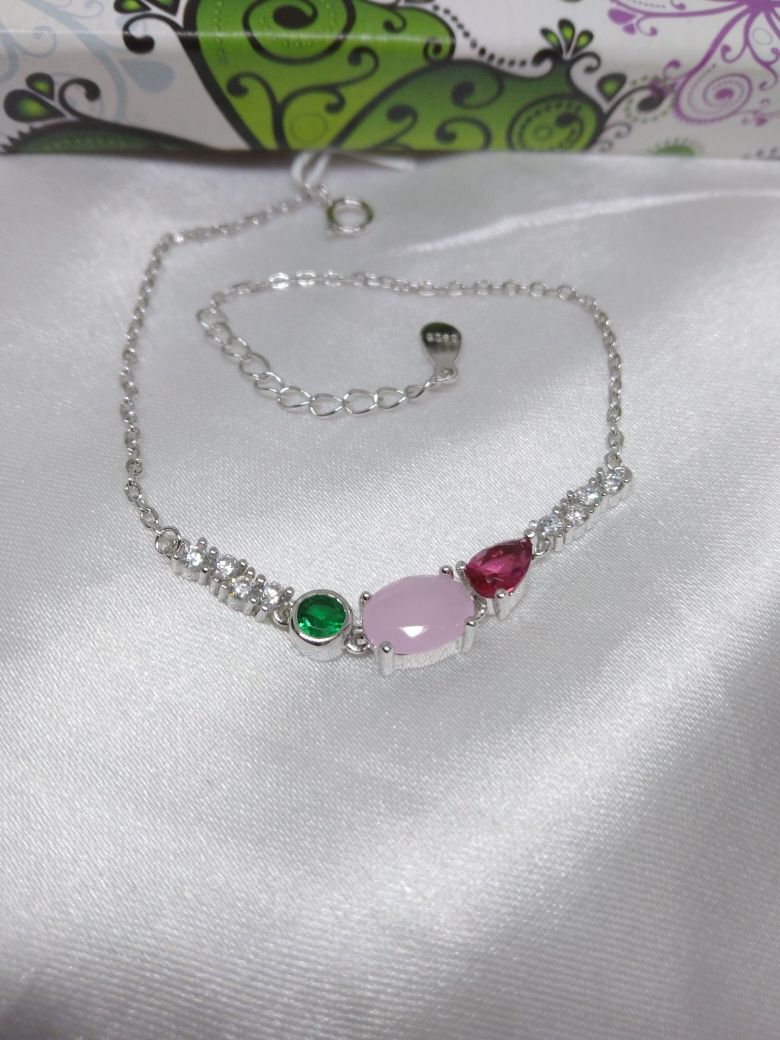 Piękny srebrna bransoletka kolorowe kamienie, srebro 925, dł. 17-19 cm