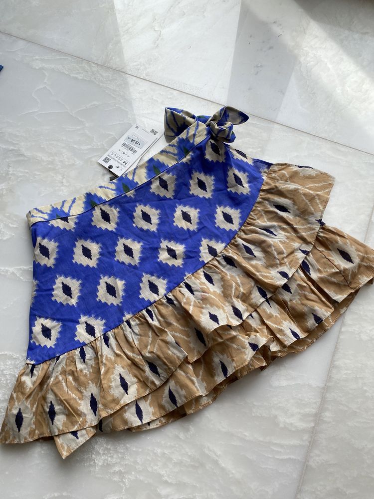 Nowa poszukiwana spódniczka Zara bawełniana wiązana niebieska M