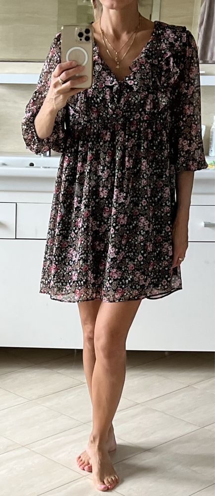 Zara sukienka damska mini z falbanami czarna różowa