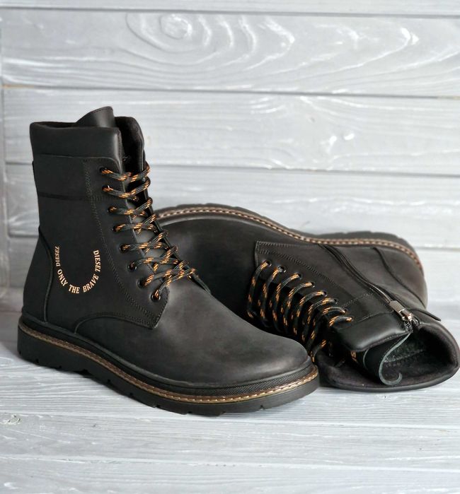 Мужские черные высокие кожаные ботинки берцы co змейкой на меху!!!