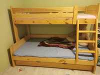 Łóżko piętrowe 2w1, drewniane, sosnowe, 3-os, szuflada.