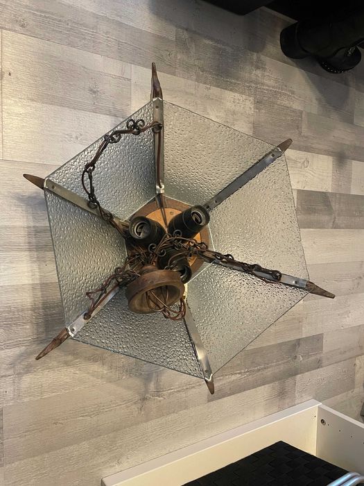 Lampa wisząca vintage drewno + szkło
