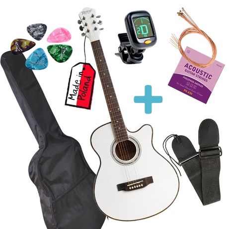 Гитара акустическая белая + чехол , ремень, тюнер, струны, медиаторы