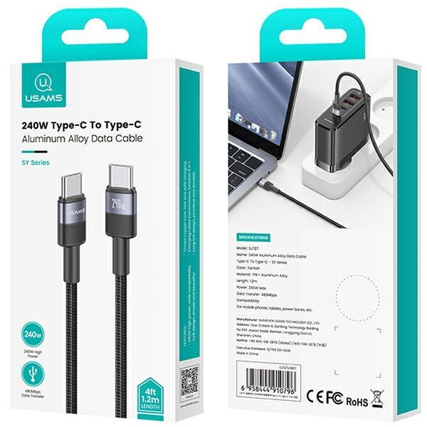 USAMS Kabel pleciony 240W USB-C/USB-C1.2m SY Series tarnish SJ727USB01
