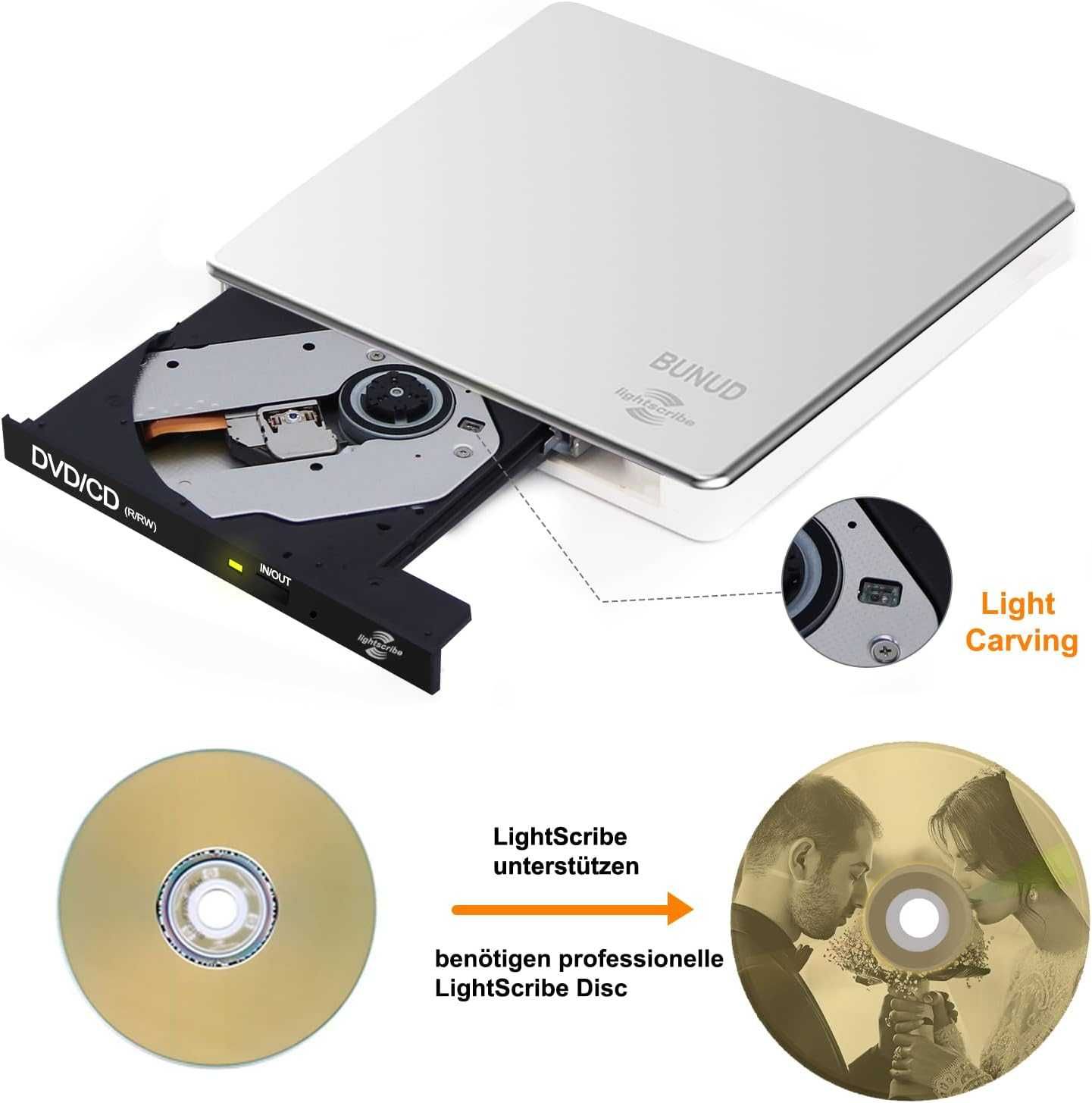 Zewnętrzny napęd CD DVD LightScribe, przenośna nagrywarka