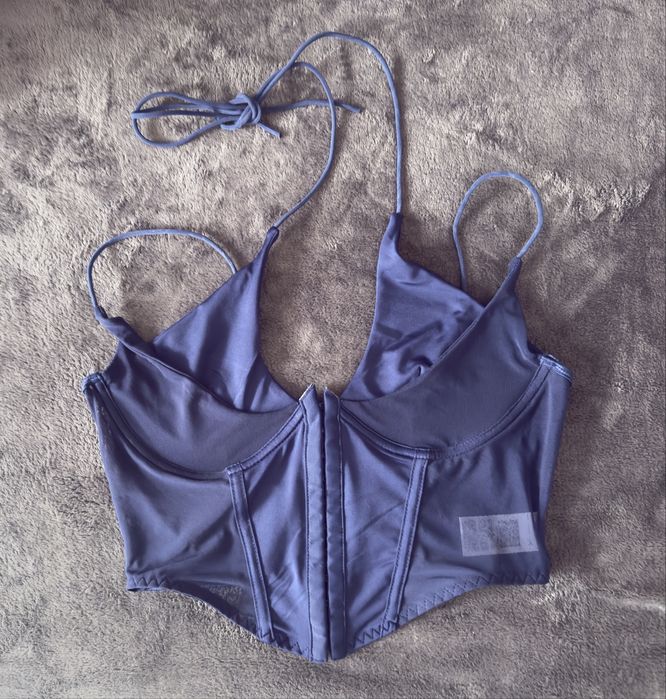 Granatowy crop top gorset wiązany na krzyz na szyji na haftki M mise B