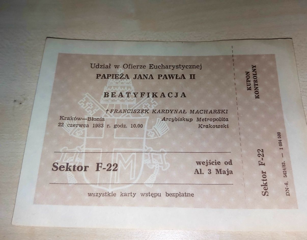Karta wstępu na Błonia krakowskie 1983 r.