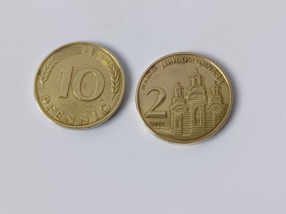10 pfennig Німеччина 1984 рік. 2 dinara Сербія 2013 рік