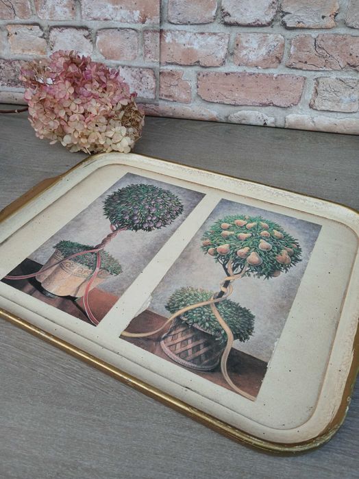 Dekoracja drewniana taca motyw roślinny 40x30cm