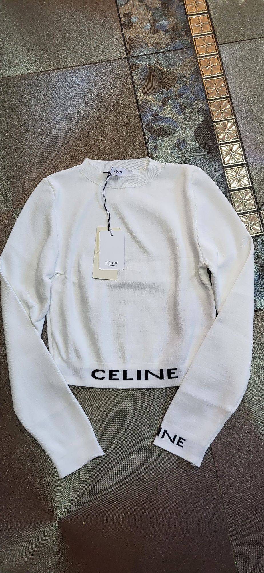 Celine bluzka sweterek krótsza premium logo biały S M