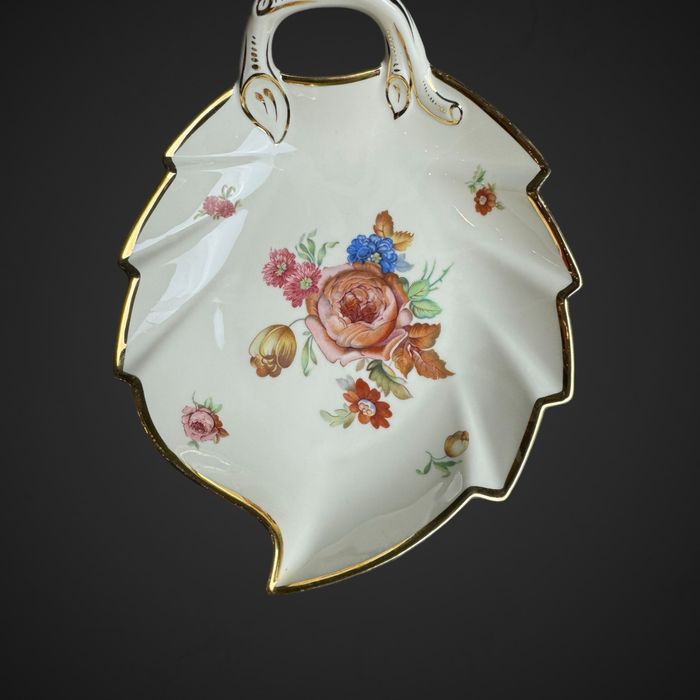 Patera liść Kjøbenhavns Maleri KPM Ivory kolorowe kwiaty B41/81912