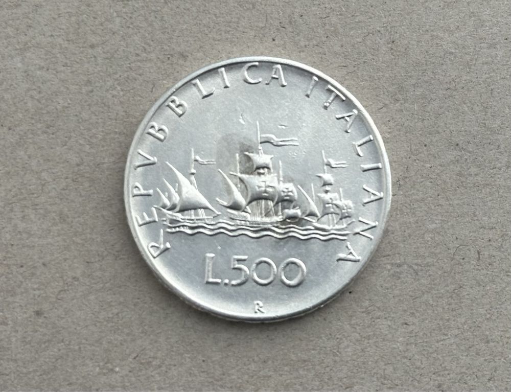 Монета 500 лір Італія срібло, кораблі колумба