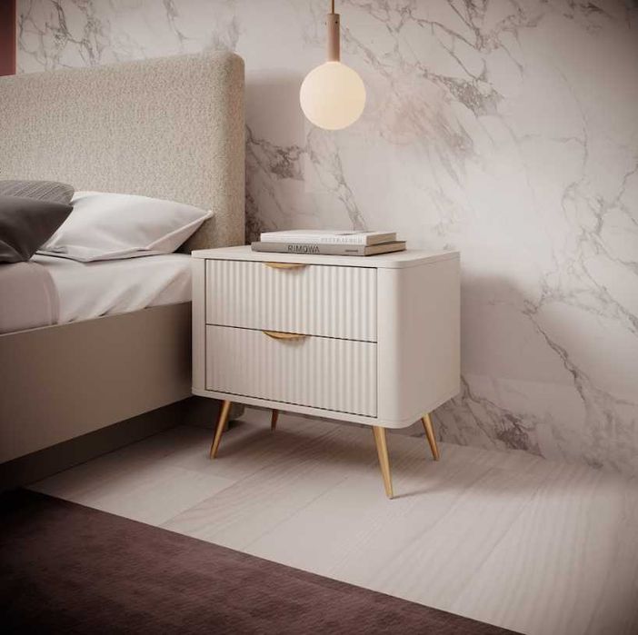 Stolik Nocny LANTE Szuflady /Ryflowany Front Beż /Złoto /Styl Glamour