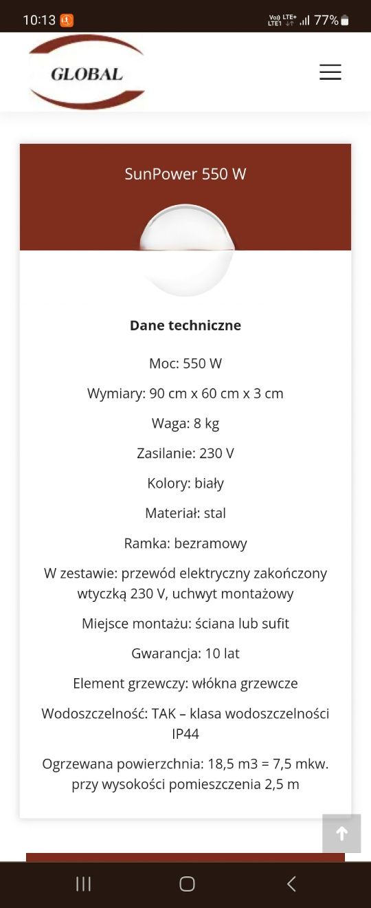 Panel grzewczy firmy Global SunPower 550W