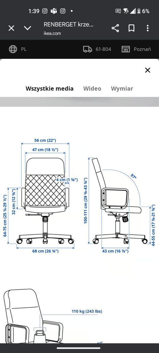 Fotel biurowy Krzesło biurowe Ikea Remberget