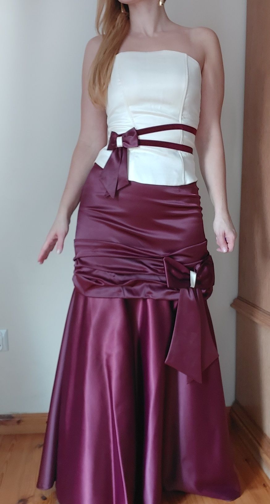 Suknia balowa retro vintage gorset spódnica bordo ecru szal S 36 XS 34