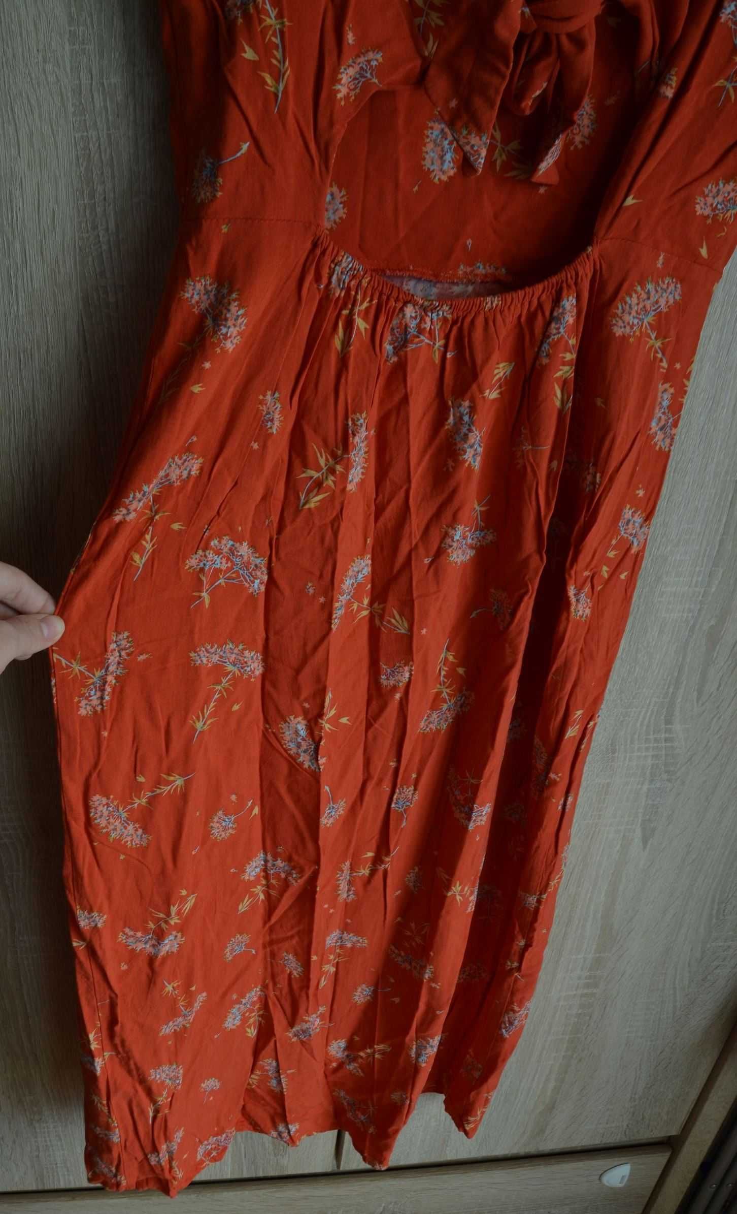 Sukienka czerwona ołówkowa w kwiaty midi wiązana na plecach 40 L