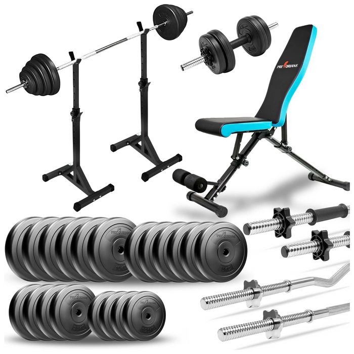 Zestaw do ćwiczeń 143kg z ławką treningową komplet gryfów hantle