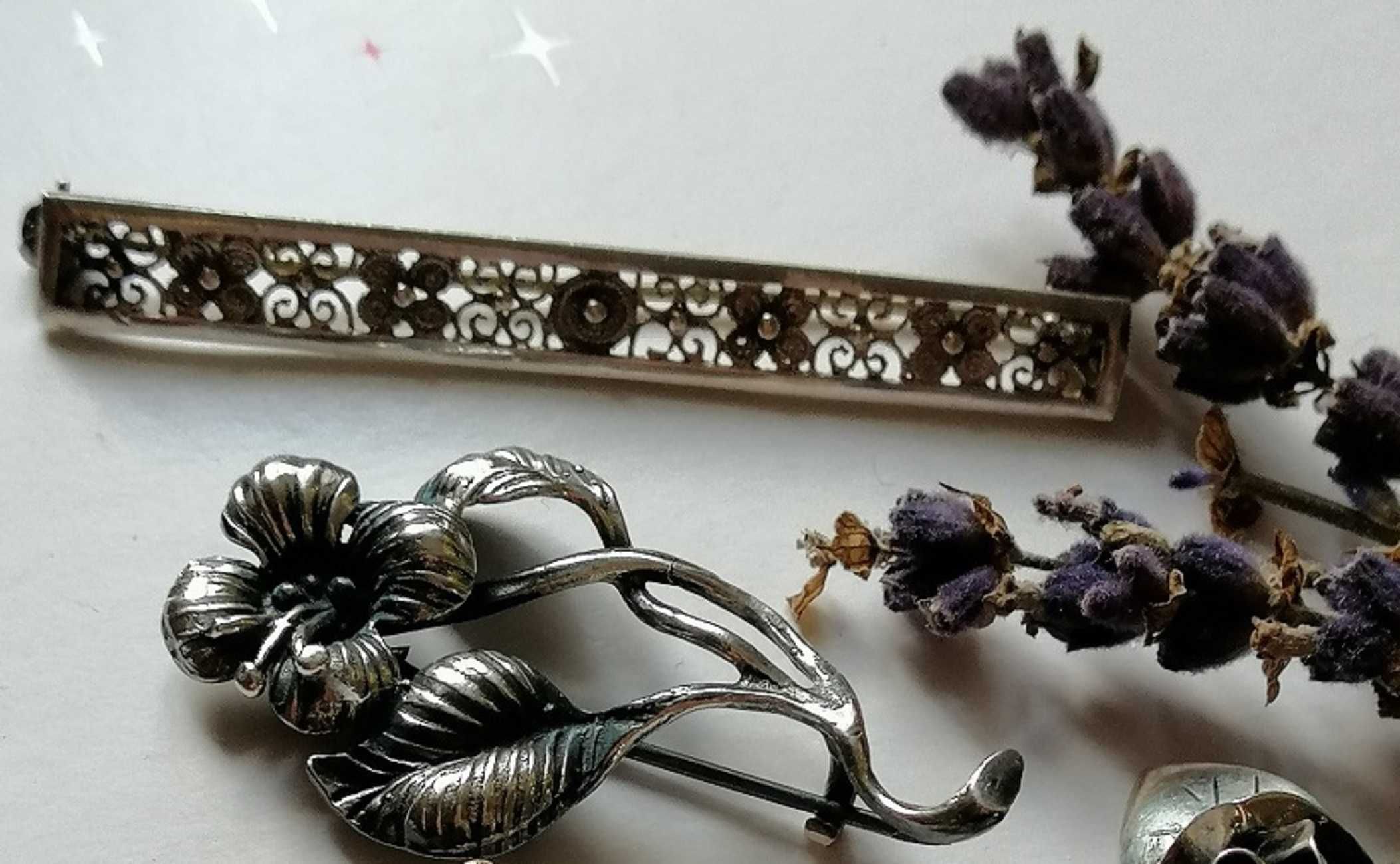 Cudna stara srebrna broszka ażur filigran kwiat kwiatek filigranowa